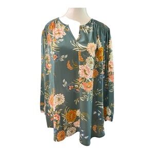 Fun2Fun Floral Long Sleeve Blouse 2X – Green with Pink & Orange Flowers